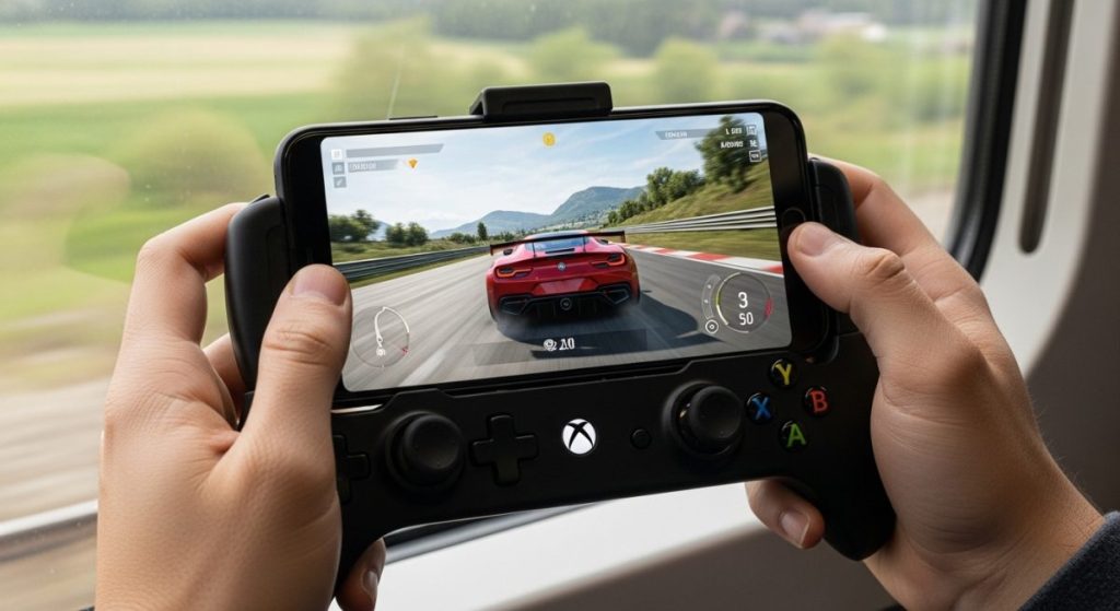 Manos sosteniendo smartphone con juego de carreras en controlador móvil