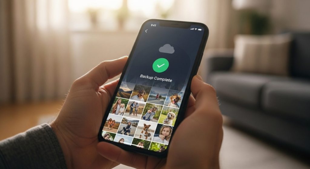 Manos sosteniendo smartphone con mensaje de respaldo completo en sala soleada