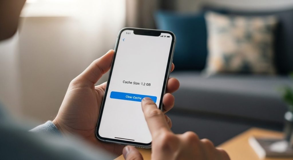 Manos sosteniendo smartphone con pantalla mostrando botón Borrar Caché