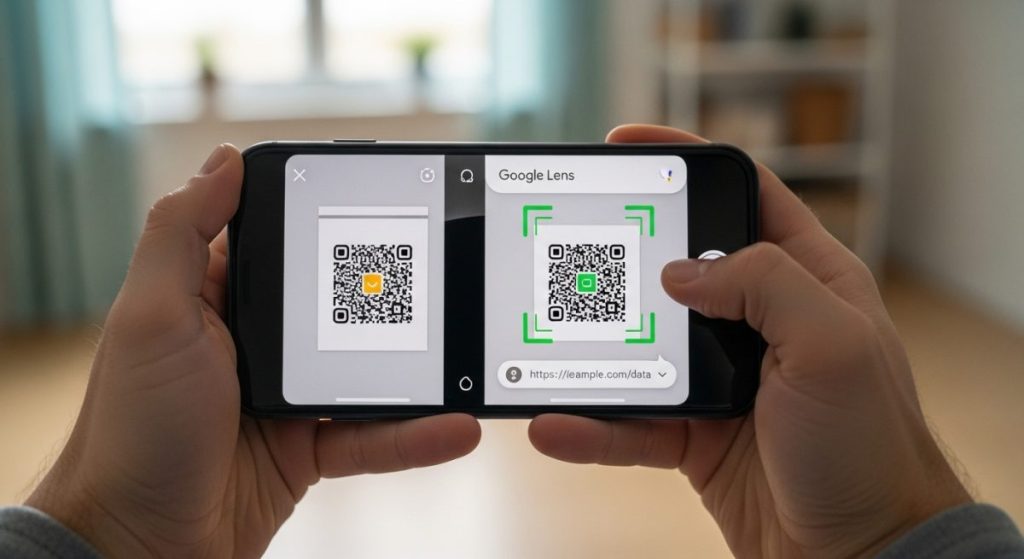 Manos sosteniendo smartphone en modo de pantalla dividida con aplicaciones mostrando códigos qr