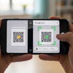 Manos sosteniendo smartphone en modo de pantalla dividida con aplicaciones mostrando códigos qr