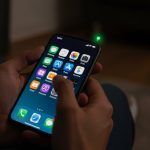Manos sosteniendo smartphone moderno en sala iluminada por pantalla con punto verde