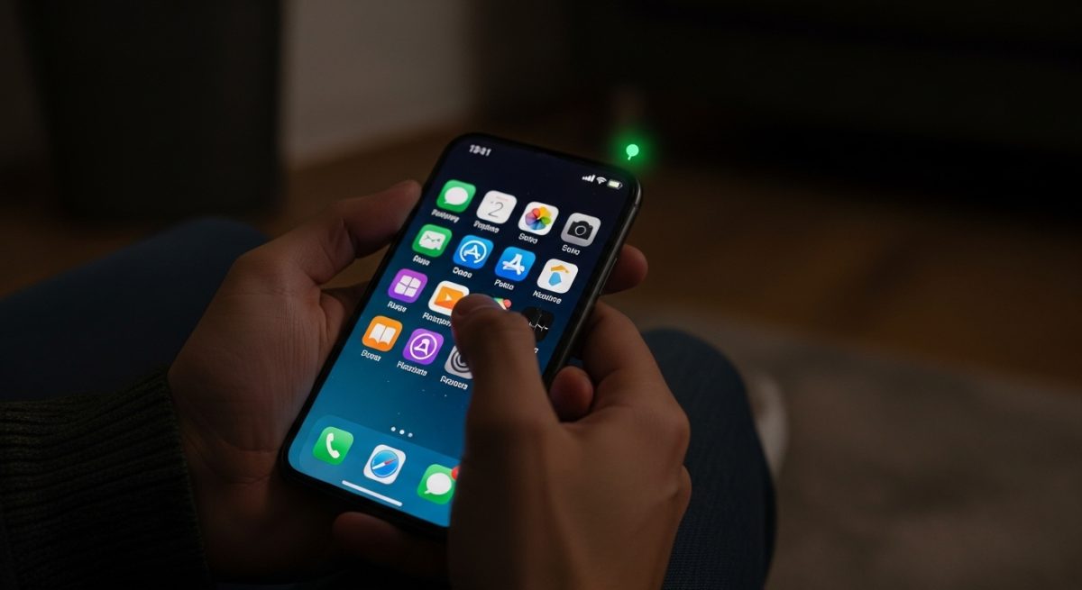 Manos sosteniendo smartphone moderno en sala iluminada por pantalla con punto verde