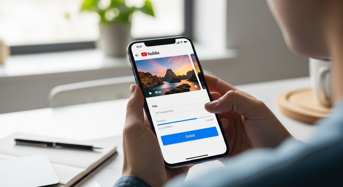 Manos sosteniendo smartphone mostrando interfaz de carga en YouTube