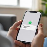 Manos sosteniendo smartphone mostrando notificación de pago recibido