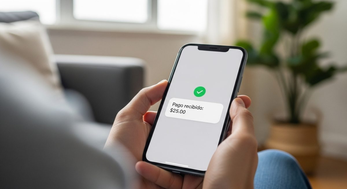 Manos sosteniendo smartphone mostrando notificación de pago recibido
