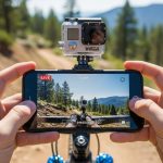Manos sosteniendo smartphone mostrando vista GoPro en bicicleta montaña