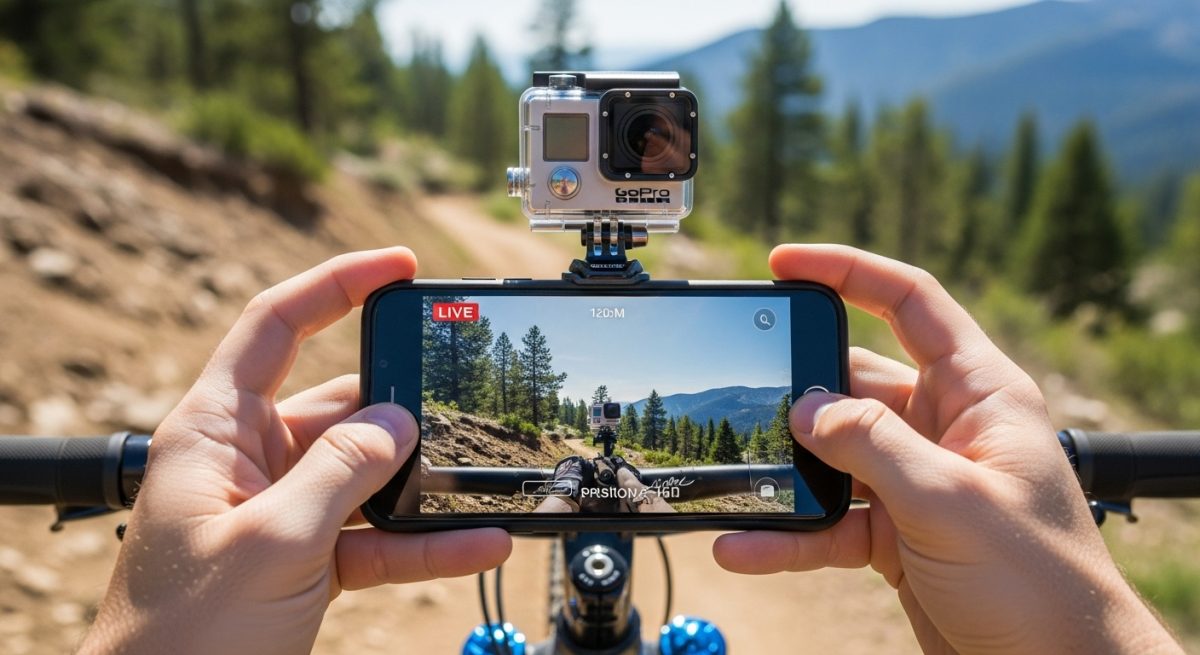 Manos sosteniendo smartphone mostrando vista GoPro en bicicleta montaña