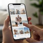 Manos sosteniendo smartphone pantalla destacada foto familiar playa