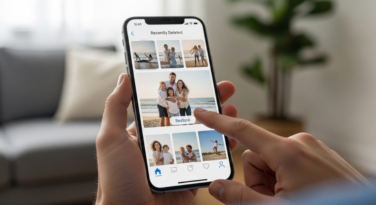 Manos sosteniendo smartphone pantalla destacada foto familiar playa