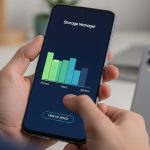 Manos sosteniendo smartphone Samsung con interfaz de almacenamiento llena