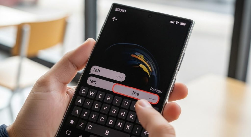 Manos sosteniendo smartphone Samsung con texto predictivo resaltado en pantalla