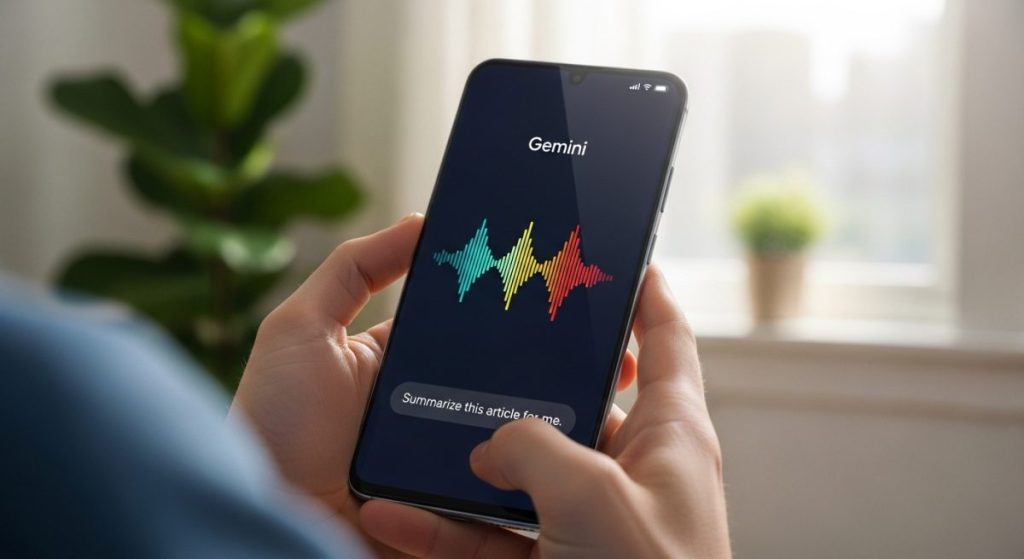 Manos sosteniendo smartphone Samsung en oficina moderna con interfaz AI de Gemini
