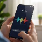 Manos sosteniendo smartphone Samsung en oficina moderna con interfaz AI de Gemini