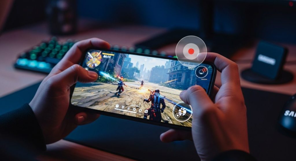 Manos sosteniendo smartphone Samsung horizontal en juego nocturno con teclado RGB