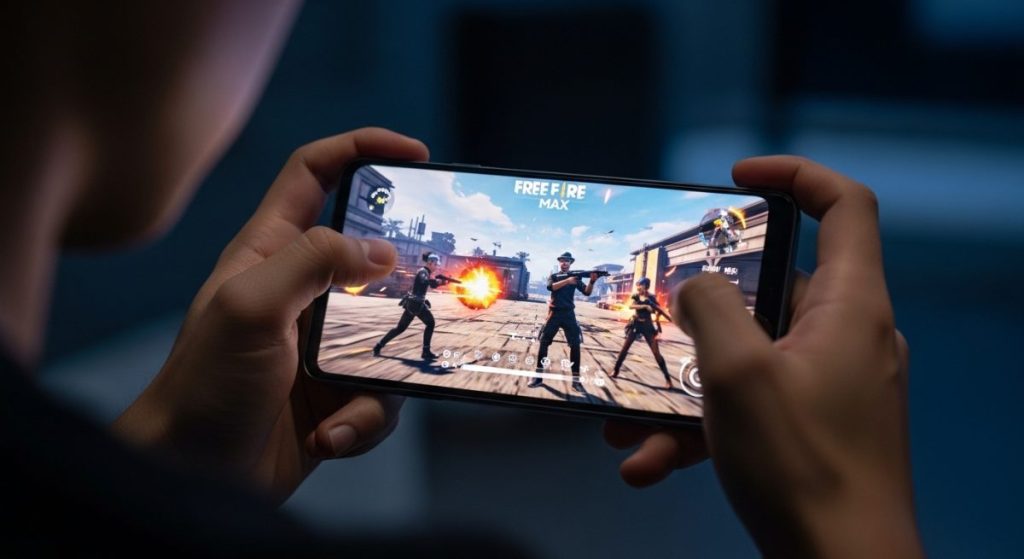 Manos sosteniendo smartphone Samsung mostrando escena de Free Fire MAX