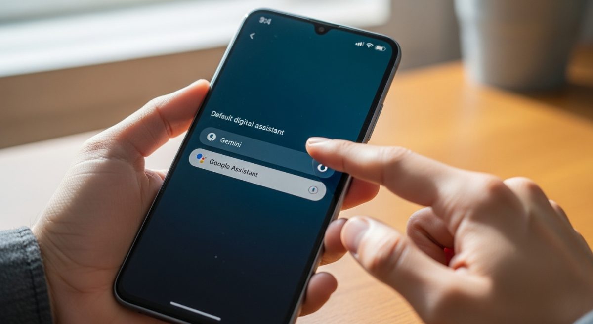 Manos sosteniendo smartphone Xiaomi con opción de Asistente de Google