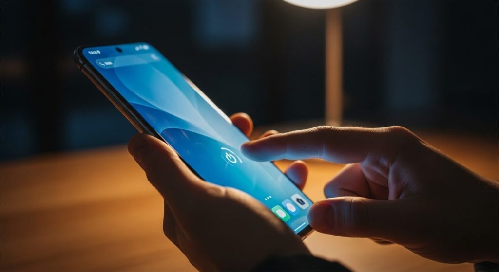 Manos sosteniendo smartphone Xiaomi con pantalla congelada encendida