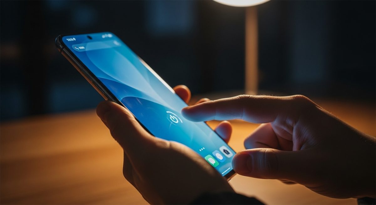 Manos sosteniendo smartphone Xiaomi con pantalla congelada encendida