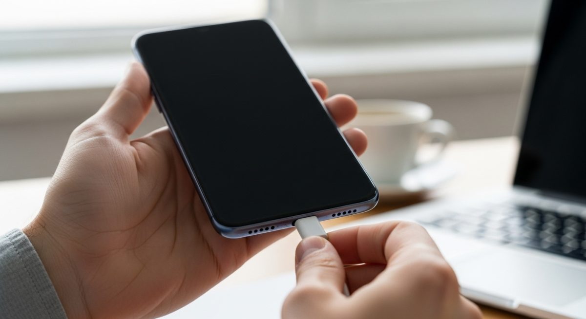 Manos sosteniendo smartphone Xiaomi con pantalla negra conectando cable USB-C