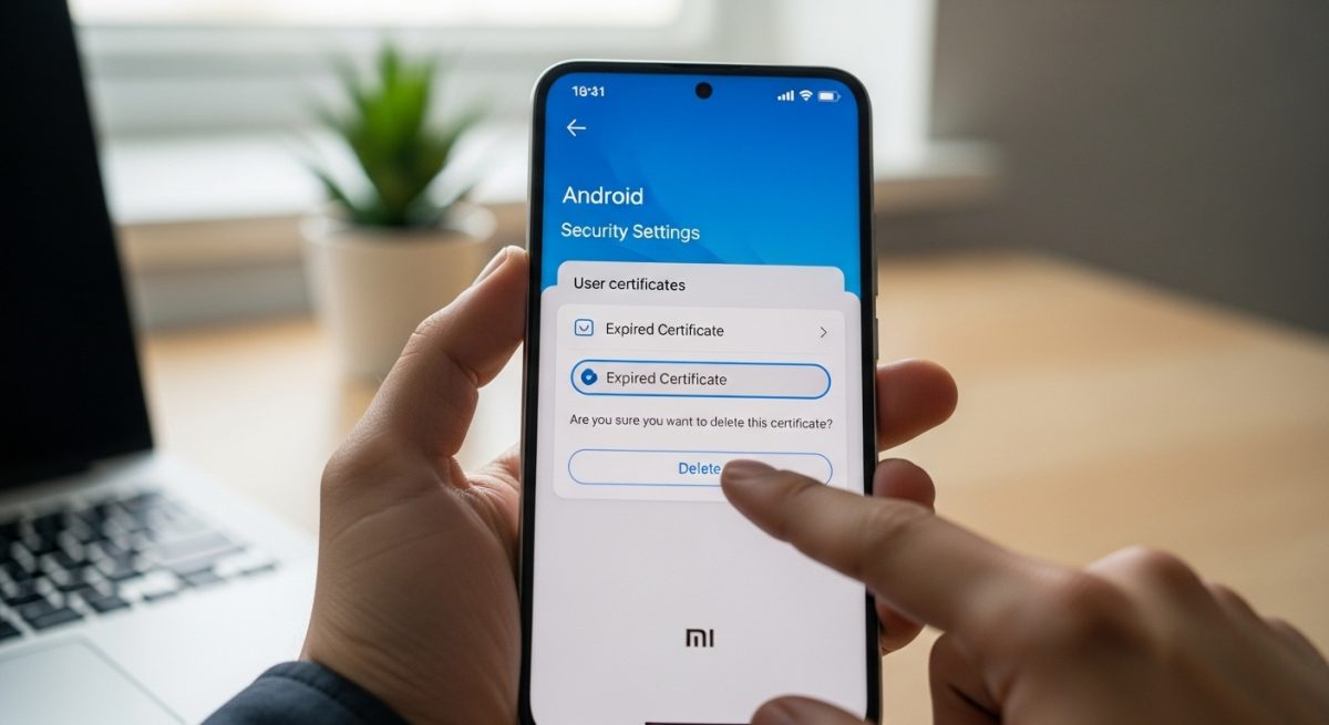 Manos sosteniendo smartphone Xiaomi en ajustes de seguridad Android