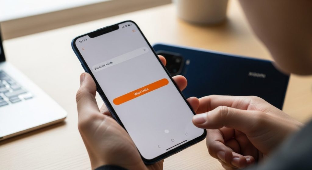 Manos sosteniendo smartphone Xiaomi en modo recuperación con opción Wipe Data