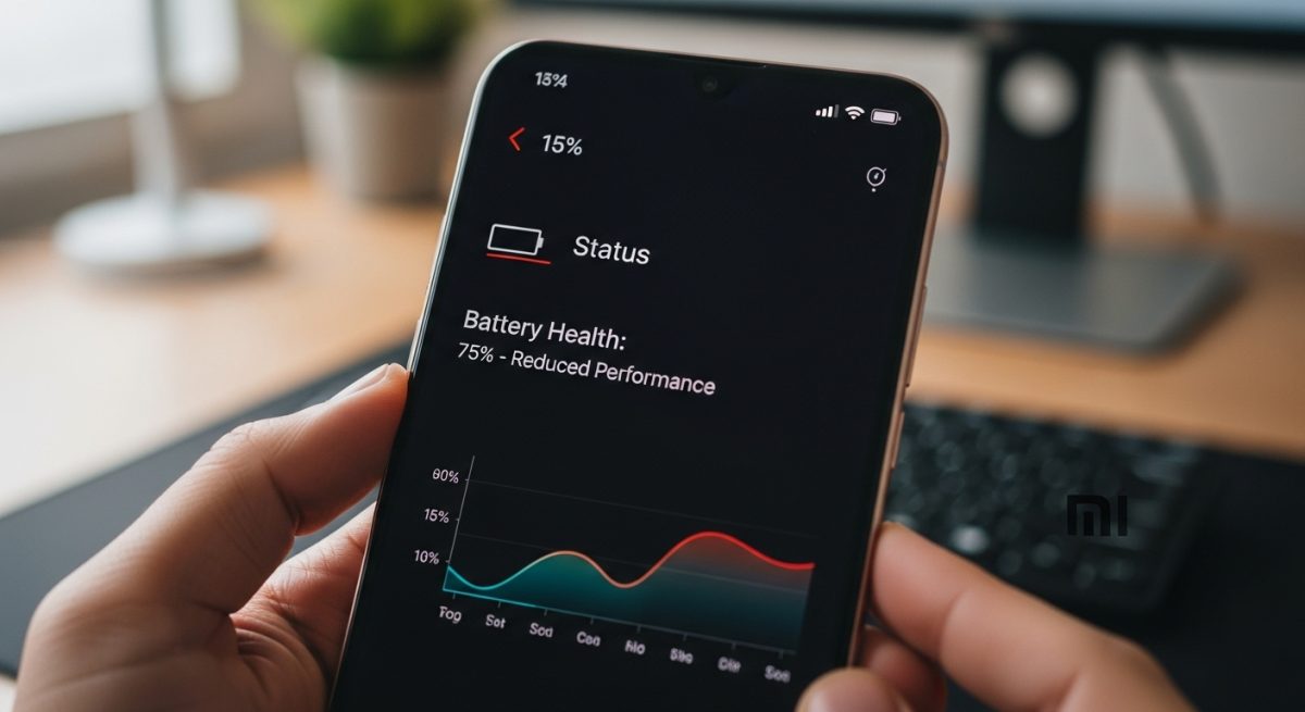 Manos sosteniendo smartphone Xiaomi mostrando estado batería al 75 por ciento