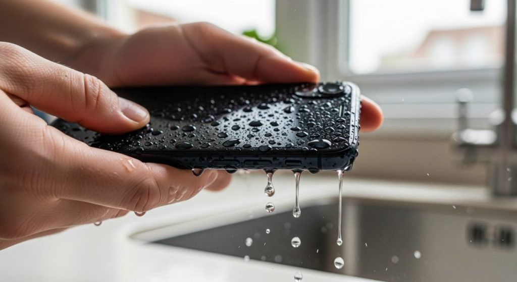 Manos sosteniendo teléfono mojado con gotas de agua brillando