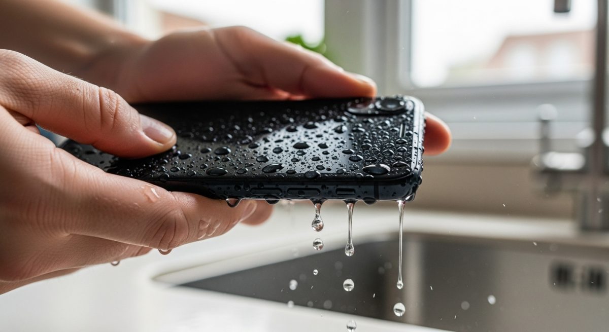 Manos sosteniendo teléfono mojado con gotas de agua brillando