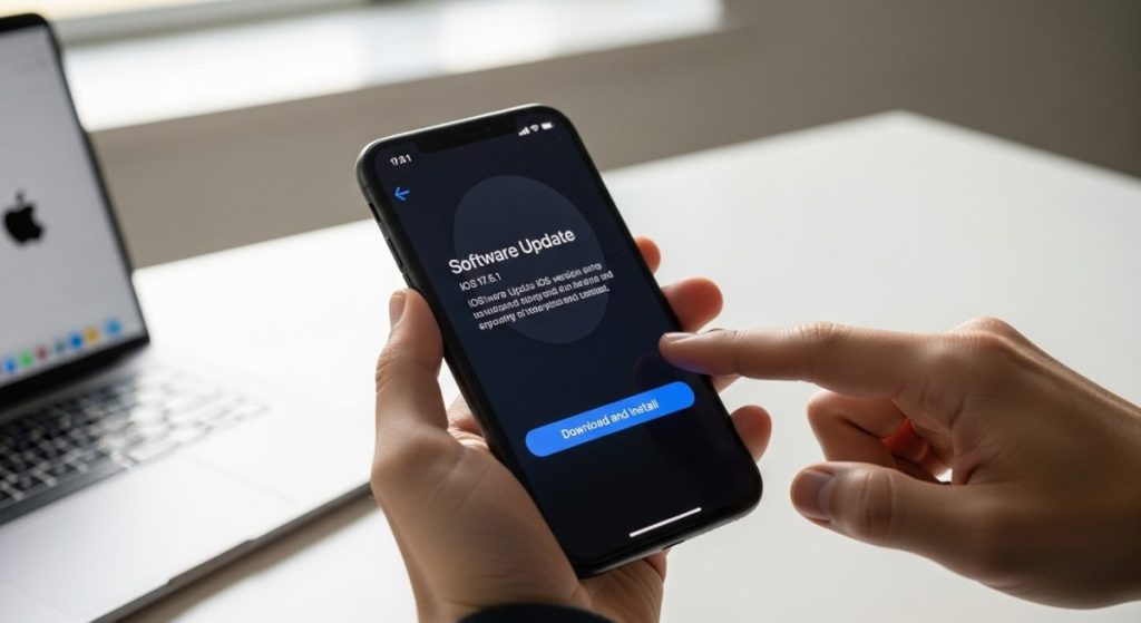 Manos sosteniendo un iPhone con pantalla de actualización iOS Apple
