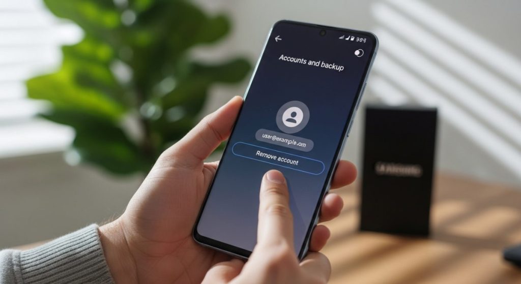 Manos sosteniendo un Samsung Galaxy mostrando menú de configuración de cuentas