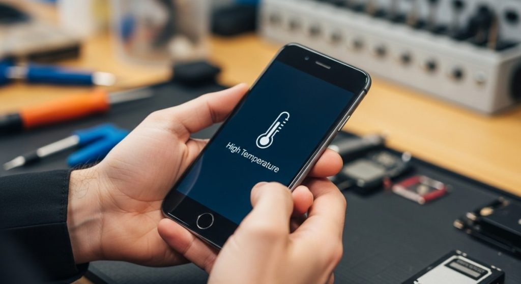 Manos sosteniendo un smartphone con advertencia de alta temperatura