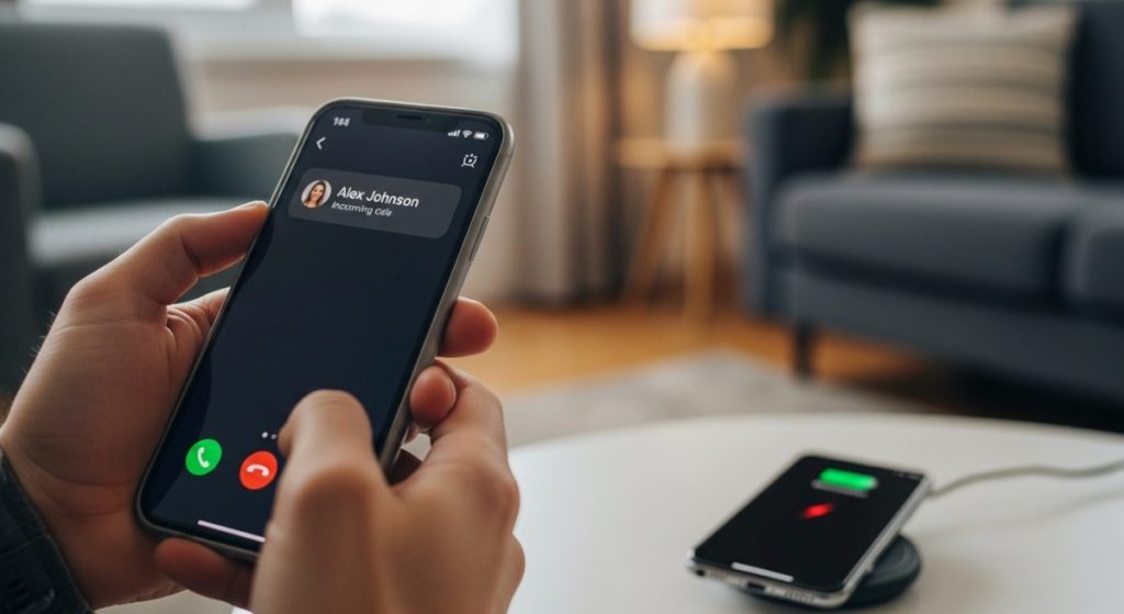 Manos sosteniendo un smartphone con llamada entrante en sala moderna desviando llamada a otro movil detras