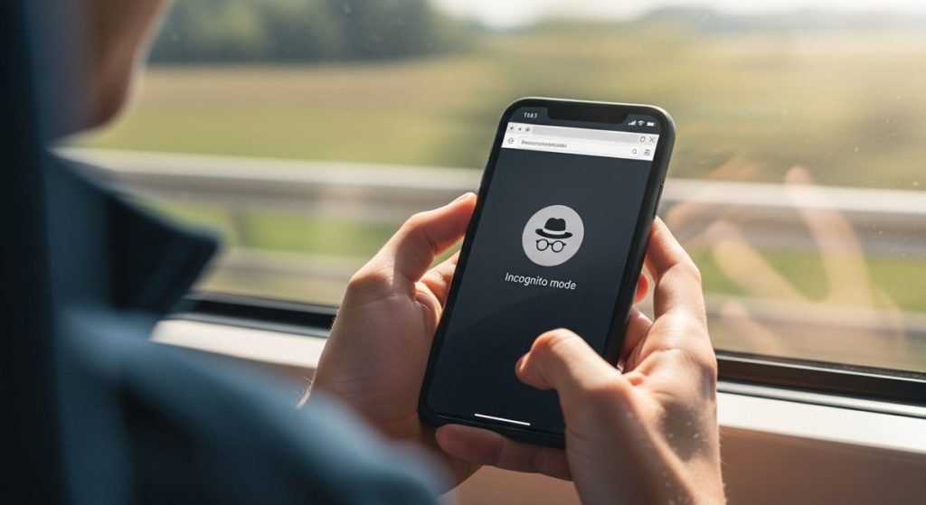Manos sosteniendo un smartphone en modo incógnito dentro de tren