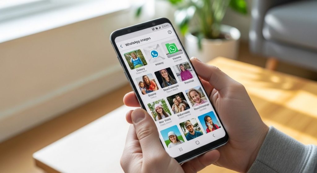 Manos sosteniendo un smartphone Samsung mostrando álbum de imágenes WhatsApp