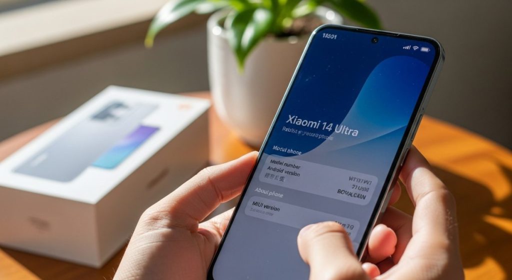 Manos sosteniendo un smartphone Xiaomi 14 Ultra mostrando información del sistema