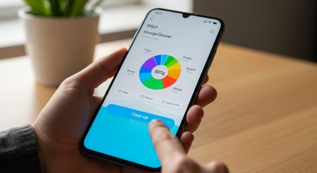 Manos sosteniendo un smartphone Xiaomi con herramienta limpiadora de MIUI