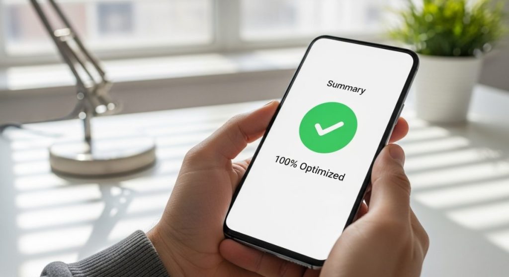 Manos sosteniendo un teléfono Samsung mostrando pantalla optimizada al 100