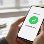 Manos sosteniendo un teléfono Samsung mostrando pantalla optimizada al 100