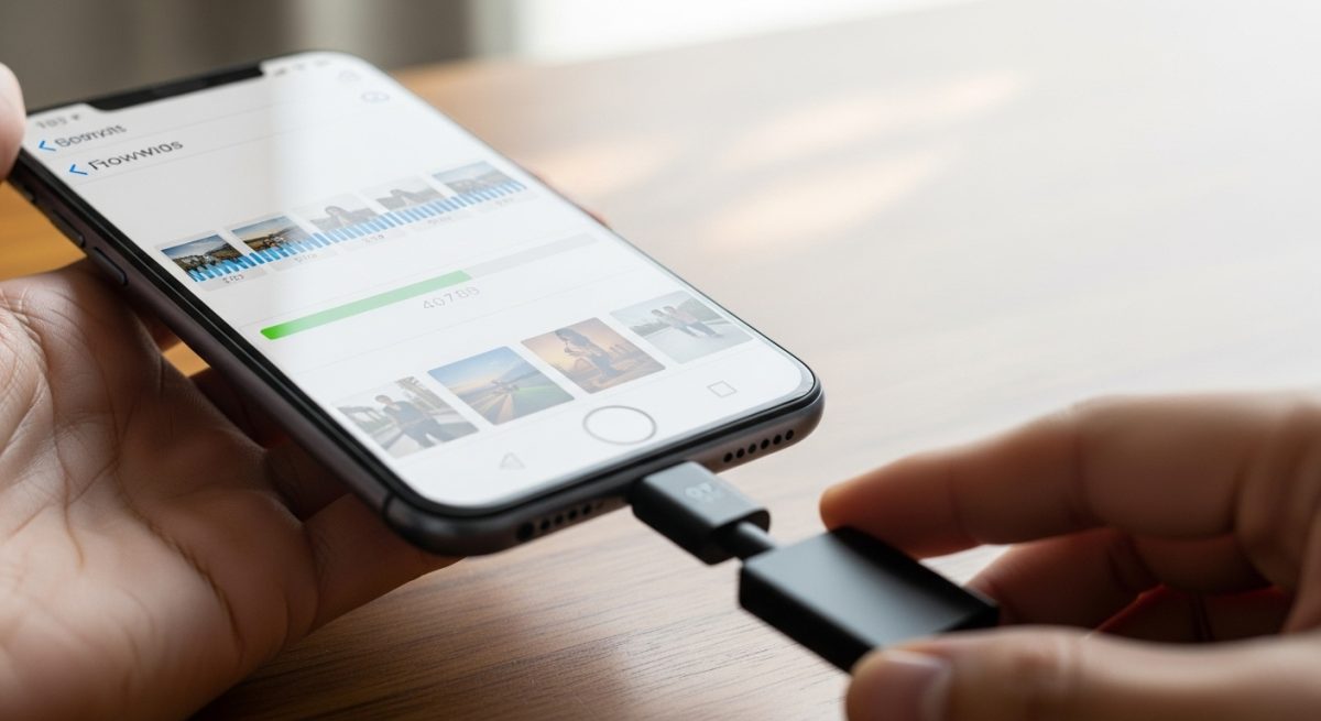 Manos sostienen smartphone conectado a USB con adaptador OTG