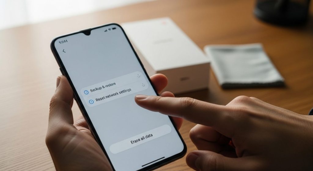 Manos sostienen smartphone Xiaomi en menú de reseteo de fábrica