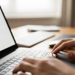 Manos usando trackpad portátil sobre botón Cerrar Sesión Google