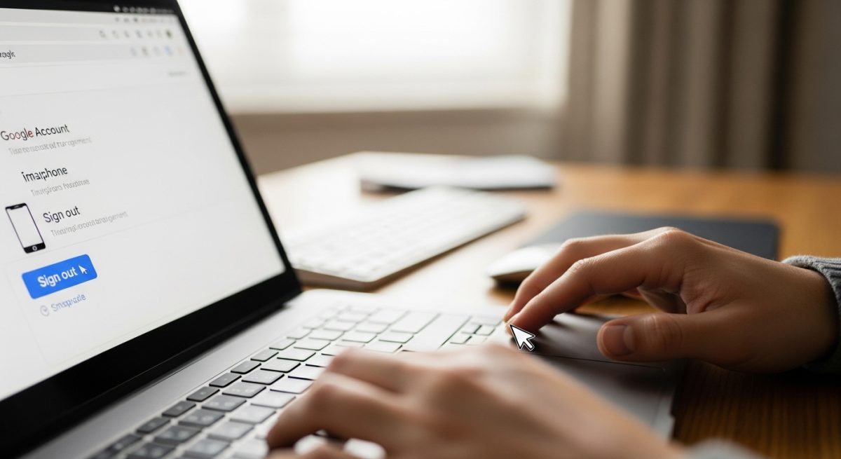 Manos usando trackpad portátil sobre botón Cerrar Sesión Google