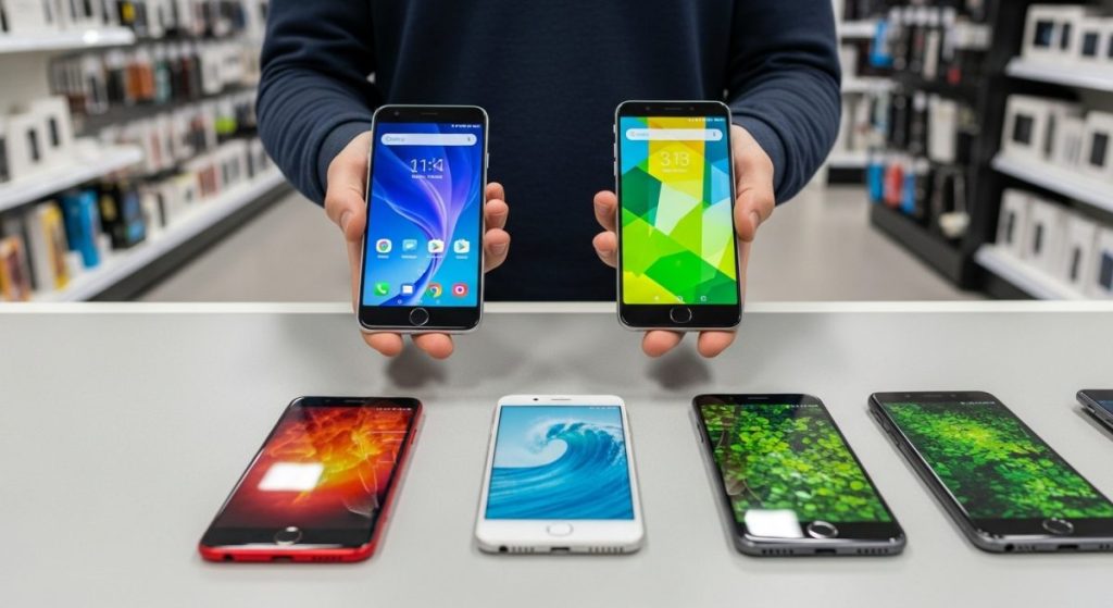 Persona comparando dos smartphones genéricos en una tienda de electrónica