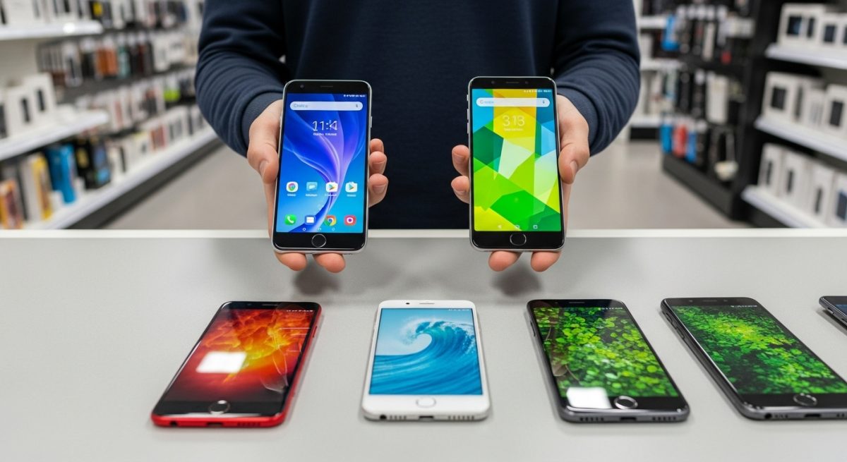 Persona comparando dos smartphones genéricos en una tienda de electrónica
