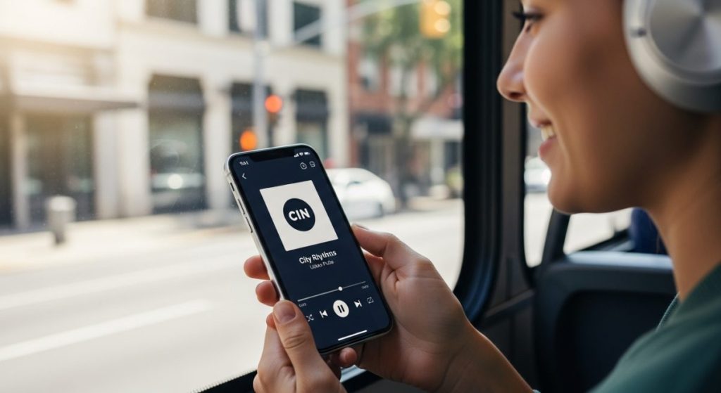 Persona con auriculares modernos usando smartphone con aplicación de radio en bus