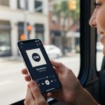 Persona con auriculares modernos usando smartphone con aplicación de radio en bus