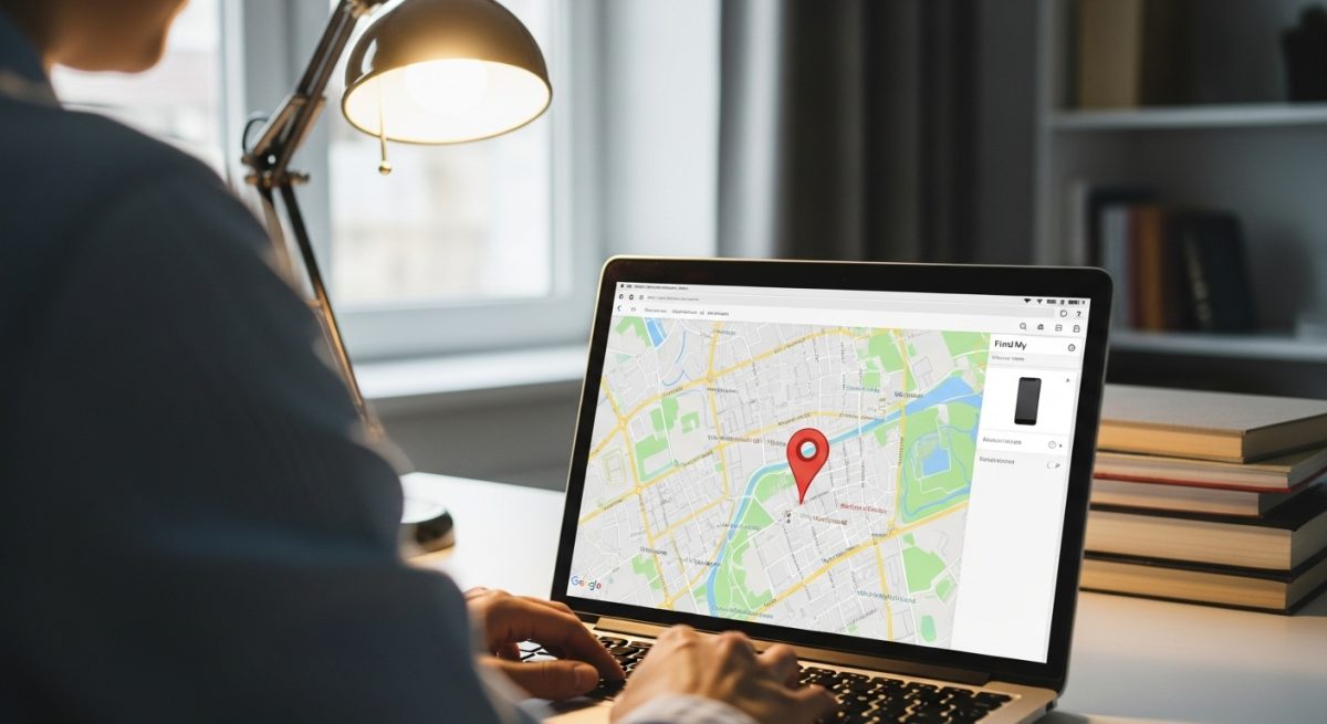 Persona rastrea teléfono perdido en portátil con mapa urbano 4k