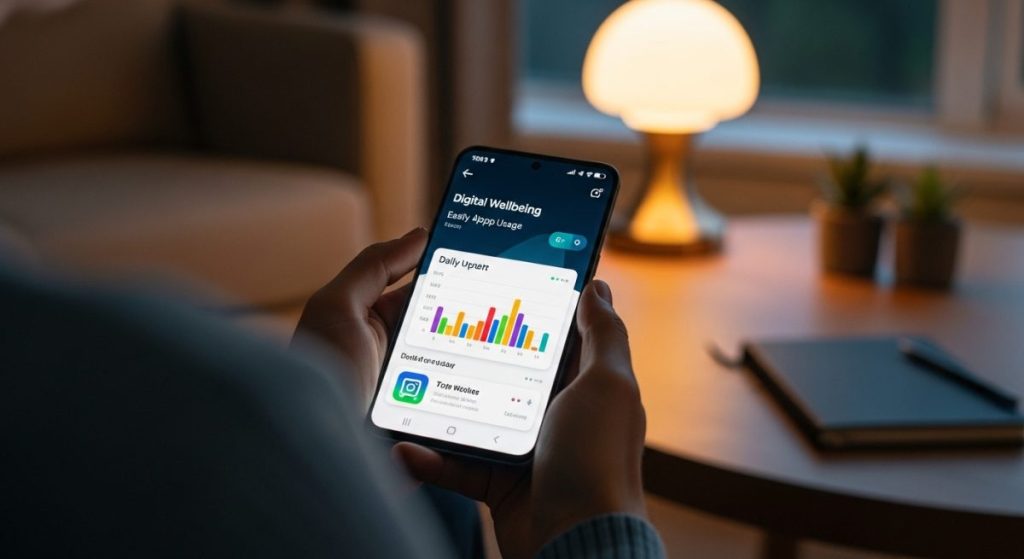 Persona sosteniendo un smartphone Samsung con reporte de Digital Wellbeing