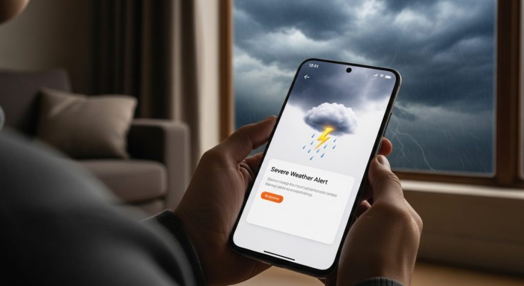 Persona sujetando smartphone Xiaomi mostrando alerta de clima severo